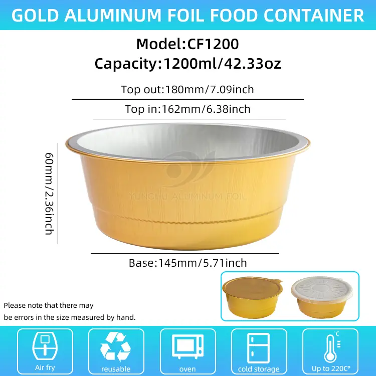 Ühekordselt kasutatavad kuldsed ümmargused alumiiniumfooliumi anumad