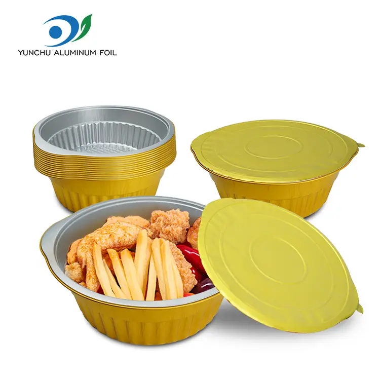 Ühekordselt kasutatavad kuuma poti kuldsed ümmargused alumiiniumfooliumi anumad Ühekordselt kasutatavad kuuma poti kuldsed ümmargused alumiiniumfooliumi anumad