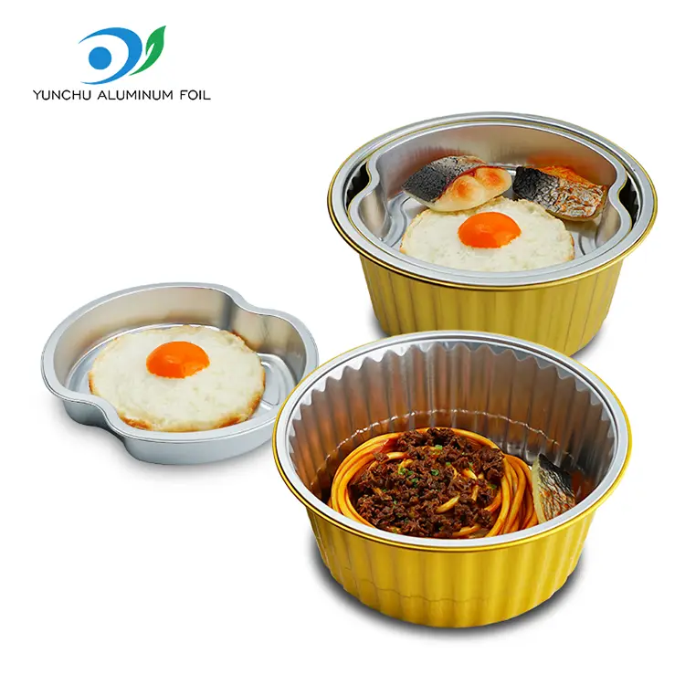 Ühendatavad mitmetasandilised kasutusalad ümmargused alumiiniumfooliumi anumad Ühendatavad mitmetasandilised kasutusalad ümmargused alumiiniumfooliumi anumad